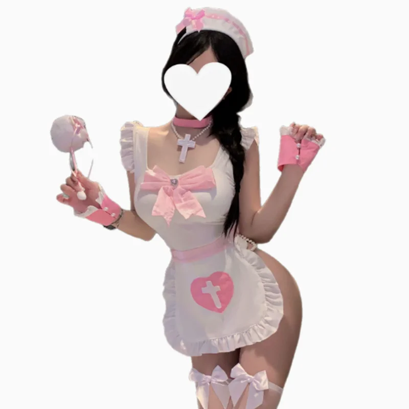 

Сексуальная униформа медсестры с бантом, милый фартук для ролевых игр, нижнее белье горничной, озорной костюм для секса, женская одежда, карнавальный комплект в стиле аниме на Хэллоуин