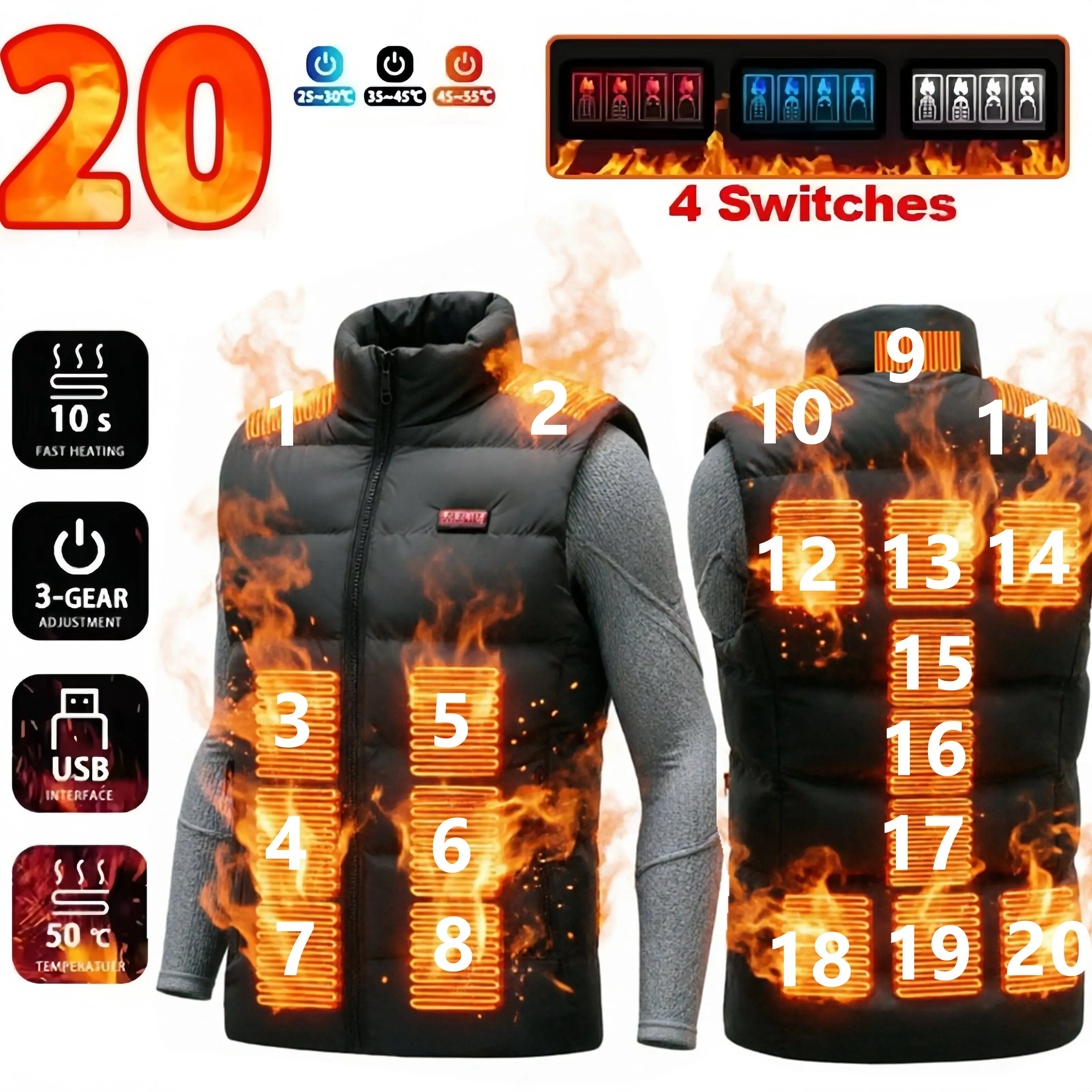 Męska kamizelka z 20 strefami grzewczymi, elektryczna kurtka z grafenem, ogrzewana za pomocą USB, idealna do uprawiania sportu i na kemping – ciepła kurtka z funkcją ogrzewania, przeznaczona na — 2
