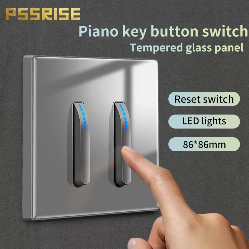 

PSSRISE Grey Wall Light Switch Tempered Glass International Switch Self-reset 1-4Gang 1/2Way LED Indicator Piano Key Wall Panel