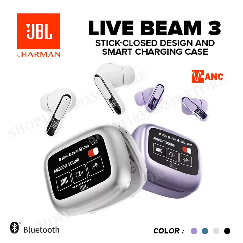 Original JBL LIVE BEAM 3 Wireless Bluetooth Headphones ANC Noise Reduction Headset LED Touch Screen Earbuds JBL Beam3 HK version