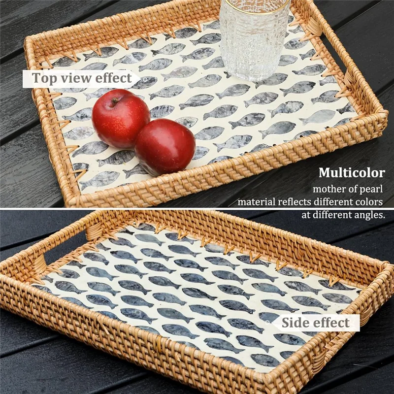 

A51M-Rattan Tray, Display Rattan Basket With Handles, Rectangle Tray For Bread Fruit Coffee Decoration And Daily Necessity