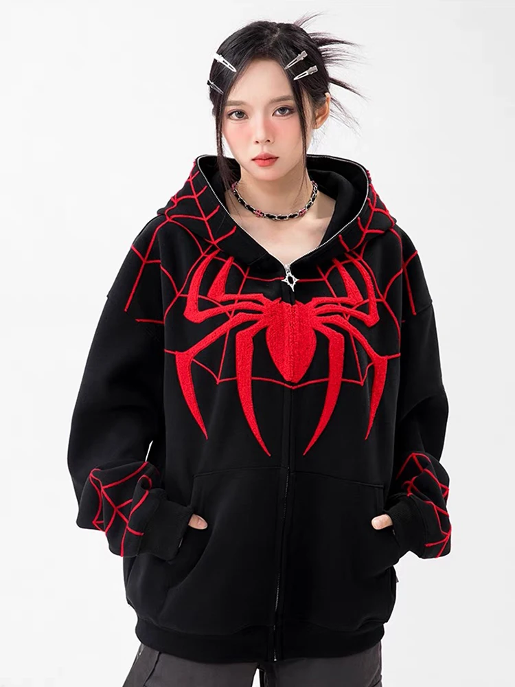 Gothic Embroidery Hoodies Y2k Anime Casual Loose Sweatshirt Clothes Harajuku Oversize Hip Hop Long Sleeve Zipper Tops