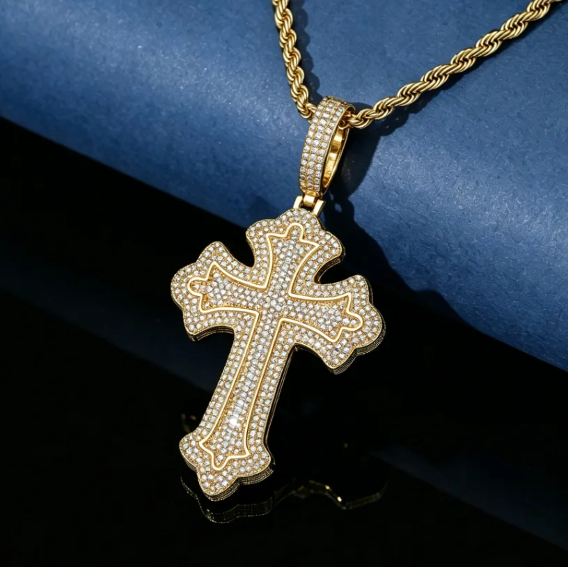 Iced Out Ornate Cross Pendant Necklace Double Layer Outline Pave CZ Vintage Cross Rope Chain Hip‑Hop Men Fashion Jewelry Gift