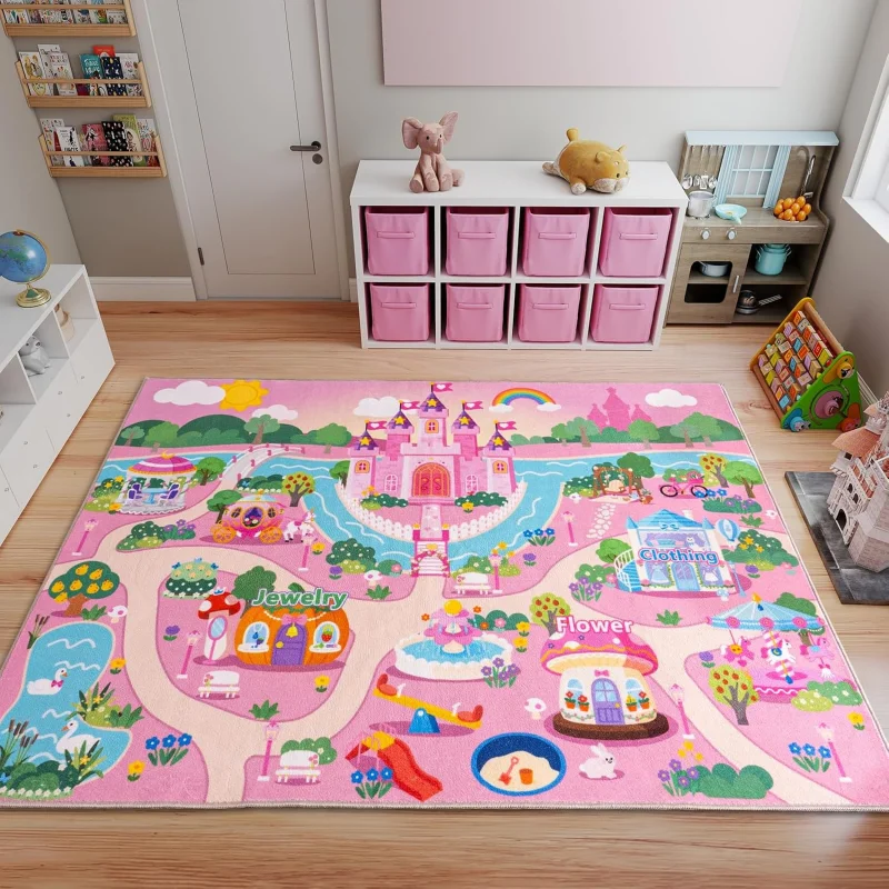 VIKAMA Colorful Fairy Town Road Map Kids Rug Non Slip Stain Resistant Floor Mat Nursery Play Tent Bedroom Balcony Decor