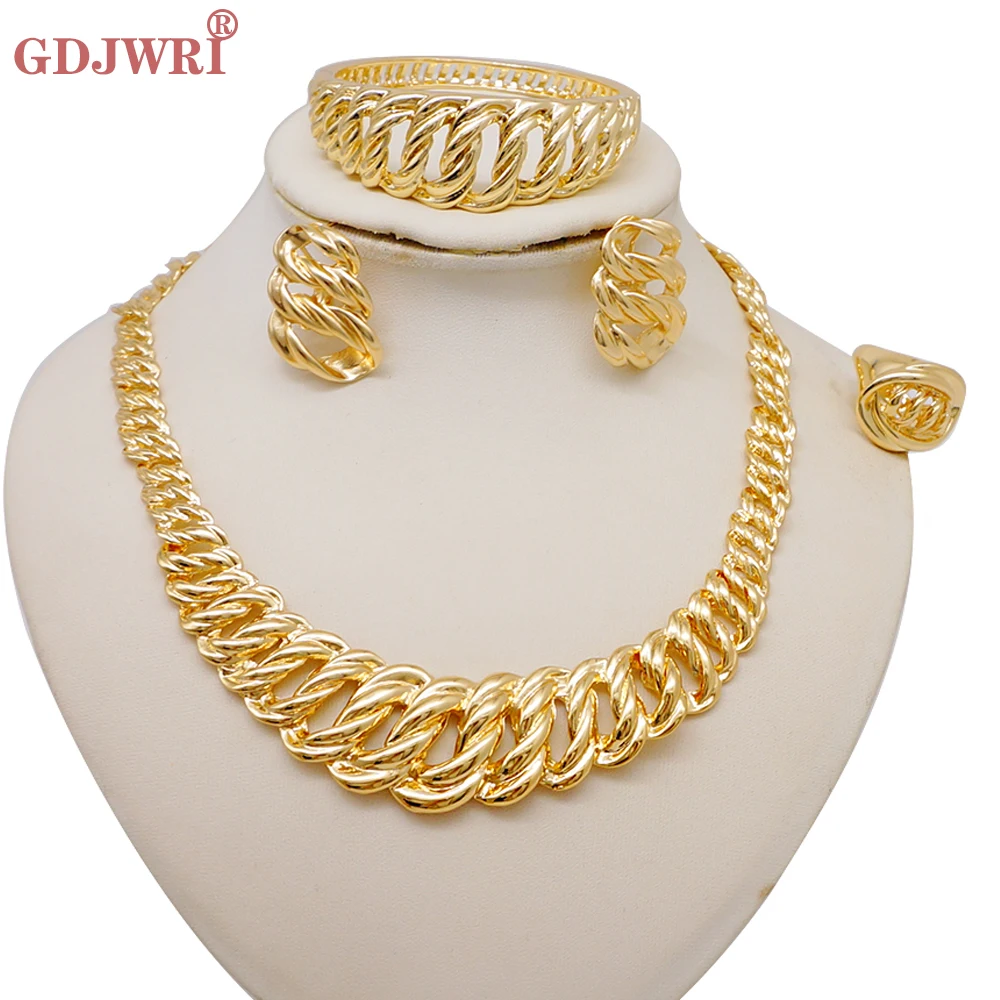 

Trend Italy Jewelry Set For Women Chunky Necklace Earrings Bracelet Ring Dubai Gold Color African Wedding Punk Party Gift