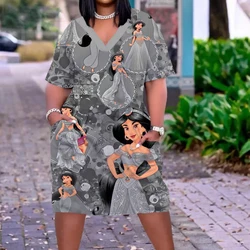 Sexy Dress African Women Fashion Disney Dress Mermaid Princess 3D Party Dress Women Slim Sun Dress Pocket V Neck Dress Plus Size