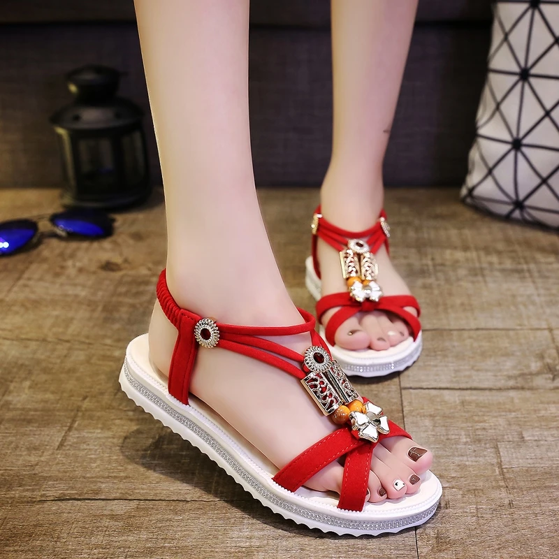 Sandals Ladies Roman Shoes Flat Without Heel Sandal Female Orthopedic Rhinestone Comfortable Shoe Butterfly Summer New 2024 Red