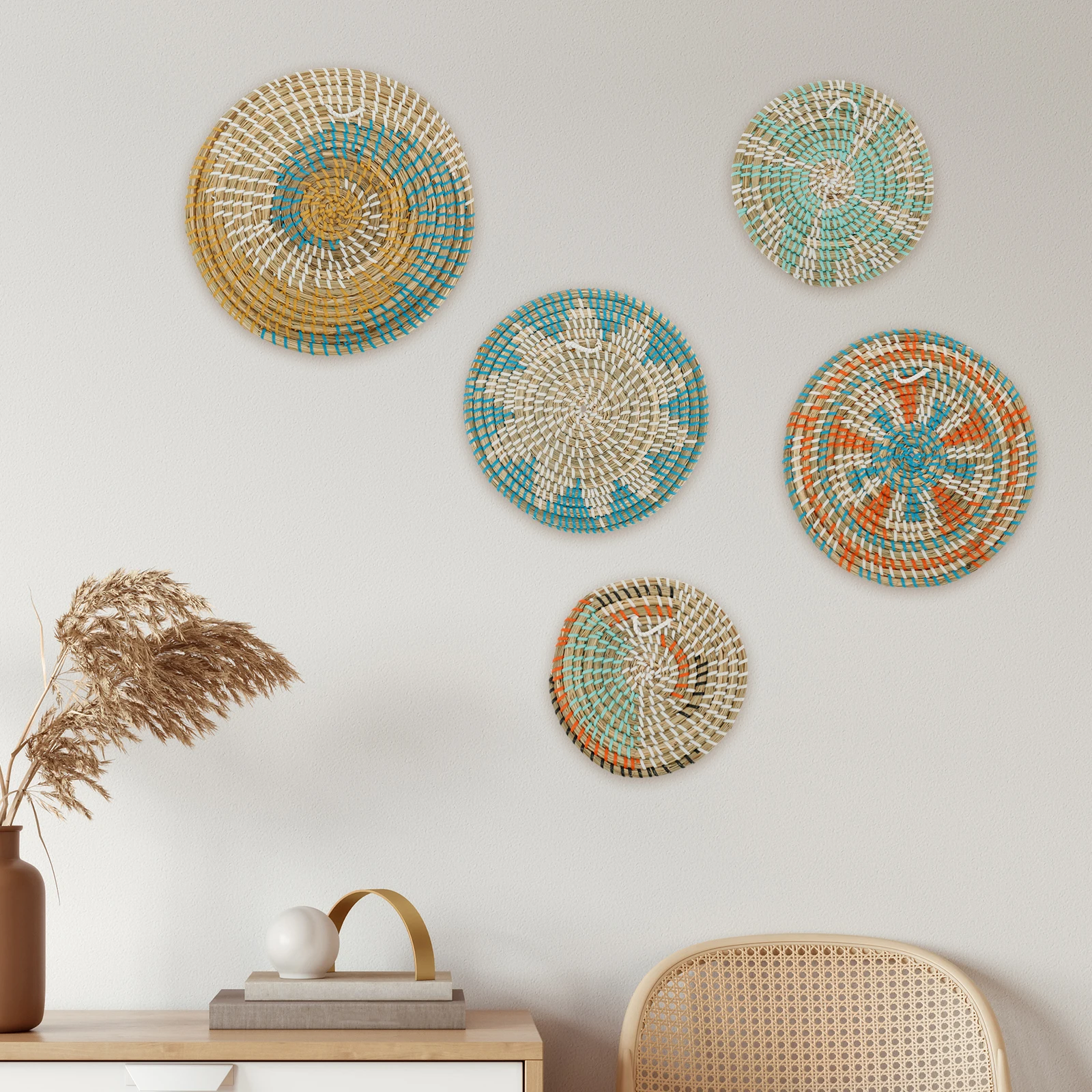 

5 шт., настенная корзина в стиле бохо, декор, подвесная тканая настенная корзина, декоративная настенная корзина ручной работы, латунная корзина, круглая настенная художественная одежда из морских водорослей