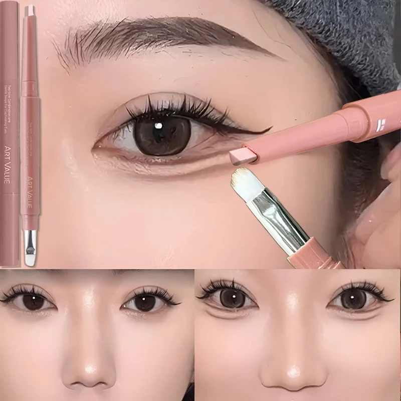 Lápiz de cejas 2 en 1 de doble cabezal, resaltador de Color rosa y marrón, barra de maquillaje para línea de pestañas inferiores naturales, resistente al agua y de larga duración