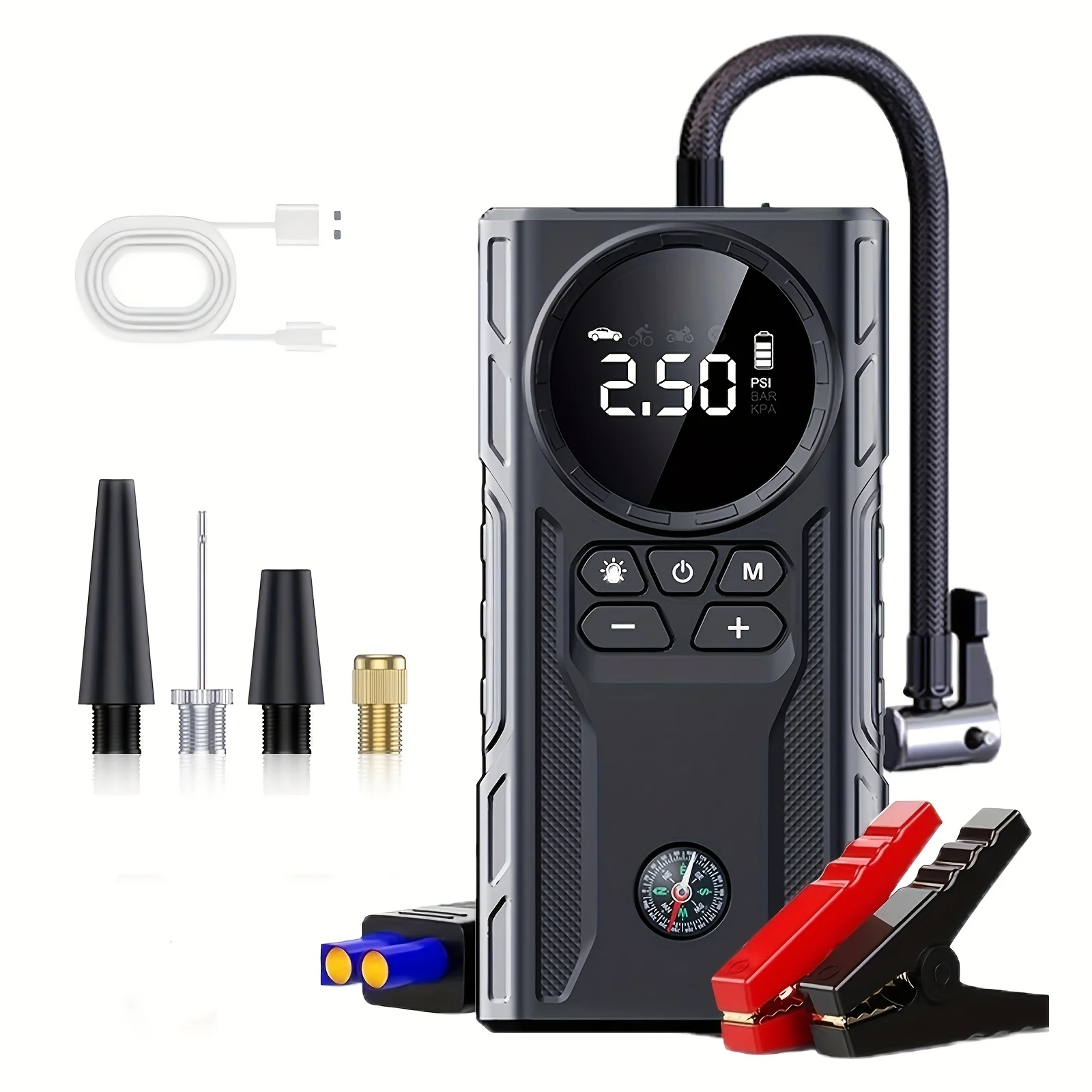 

Portable Car Jump Starter with Air Compressor, 7000A 150PSI Battery Jumper Starter Portable (9.0 Gas/2.11gal Diesel), Jump Box