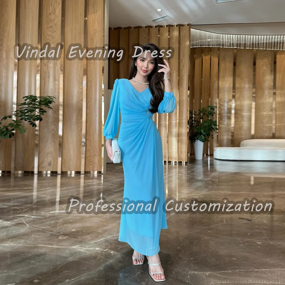 Abito da sera Vindal Chiffon alla caviglia con scollo a v volant moda lussuoso dritto elegante maniche lunghe muslimfor Woman 2024