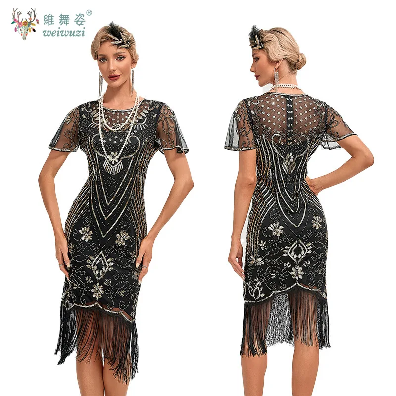 المرأة موضة خمر شبكة مطرزة شرابة خياطة قصيرة الأكمام الجولة الرقبة سليم فستان الحفلات حجم كبير S-4XL حفلة كوكتيل