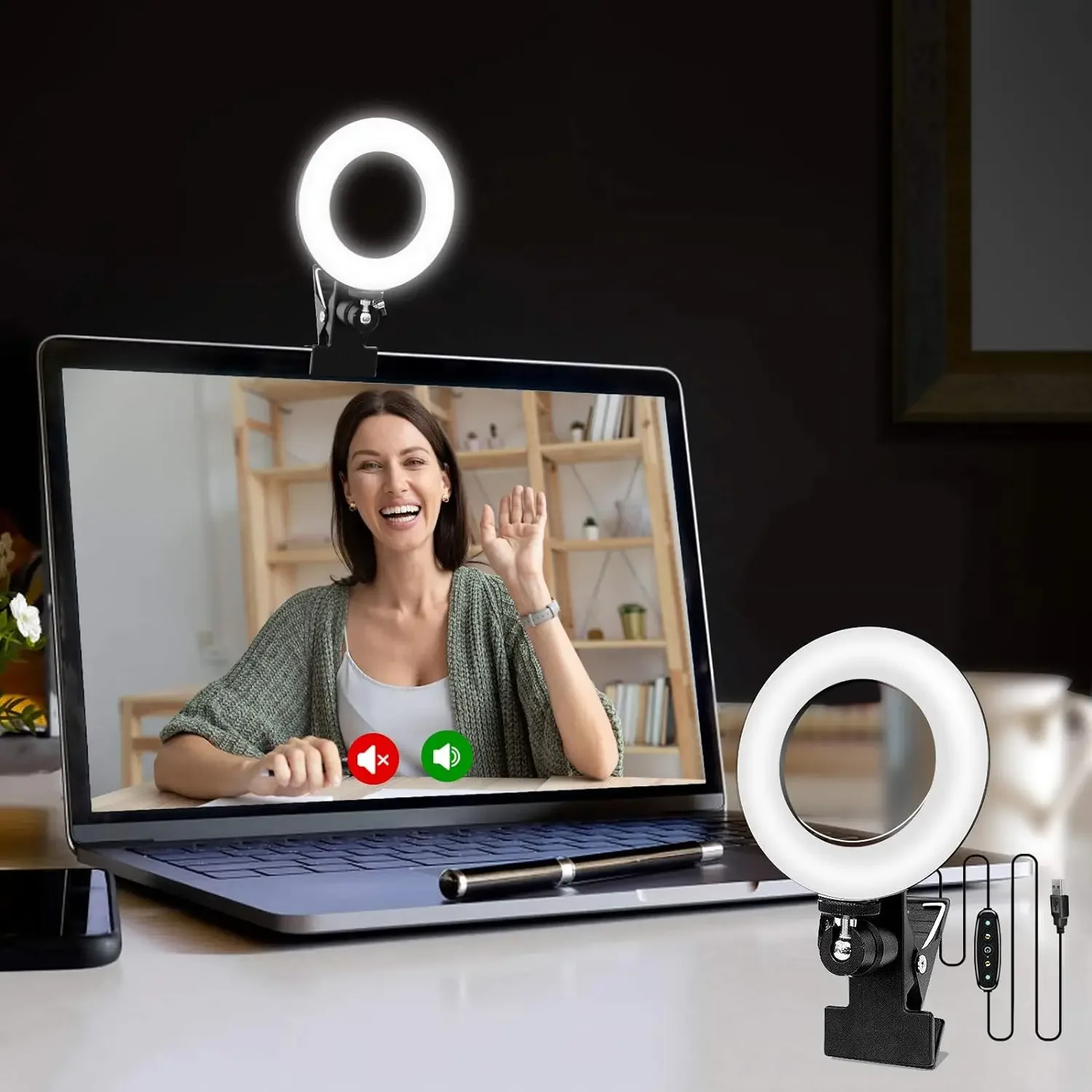 6Inch Video Conference Lighting Kit Ring Light Clip on Laptop Monitor with 3 Color Webcam Light Remote Working Self Broadcasting