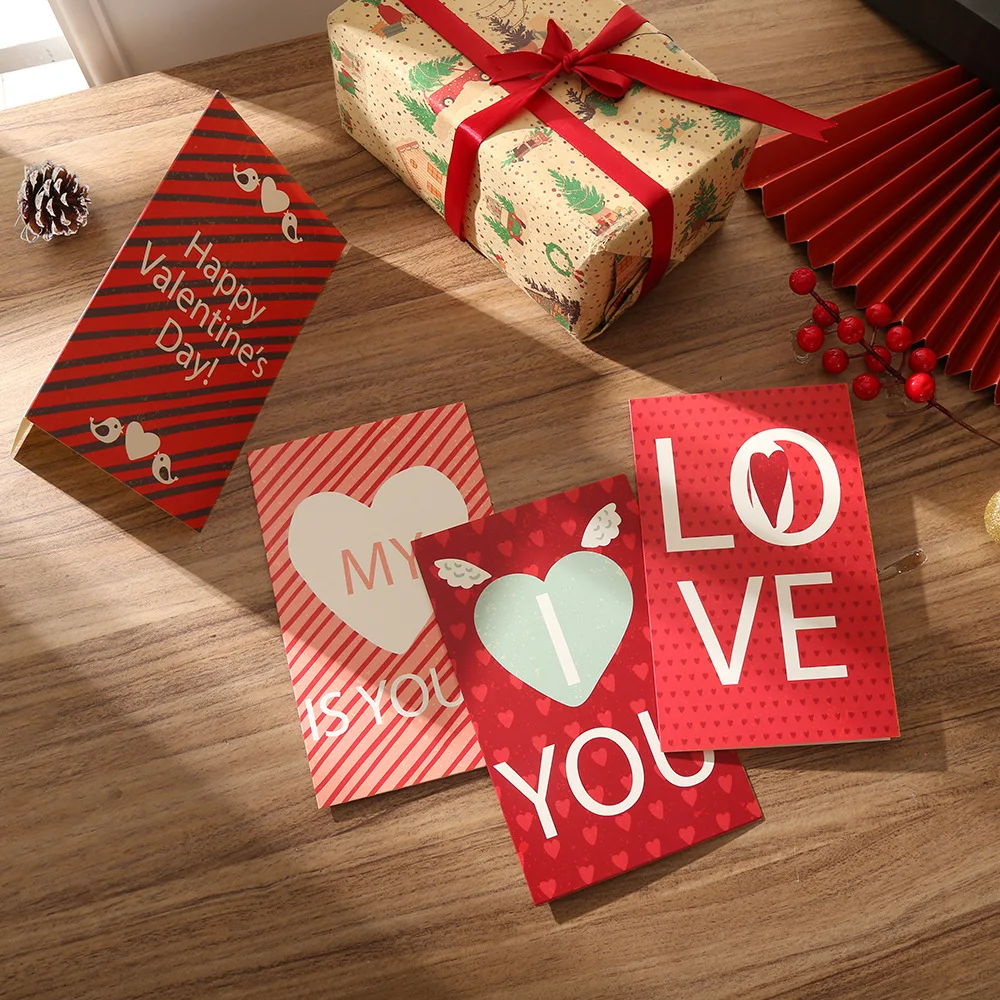

4Pcs Valentine's Day Card Set: Red Festive Floral Greeting Cards with Confession Envelopes and Heart-Printed White Cardstock