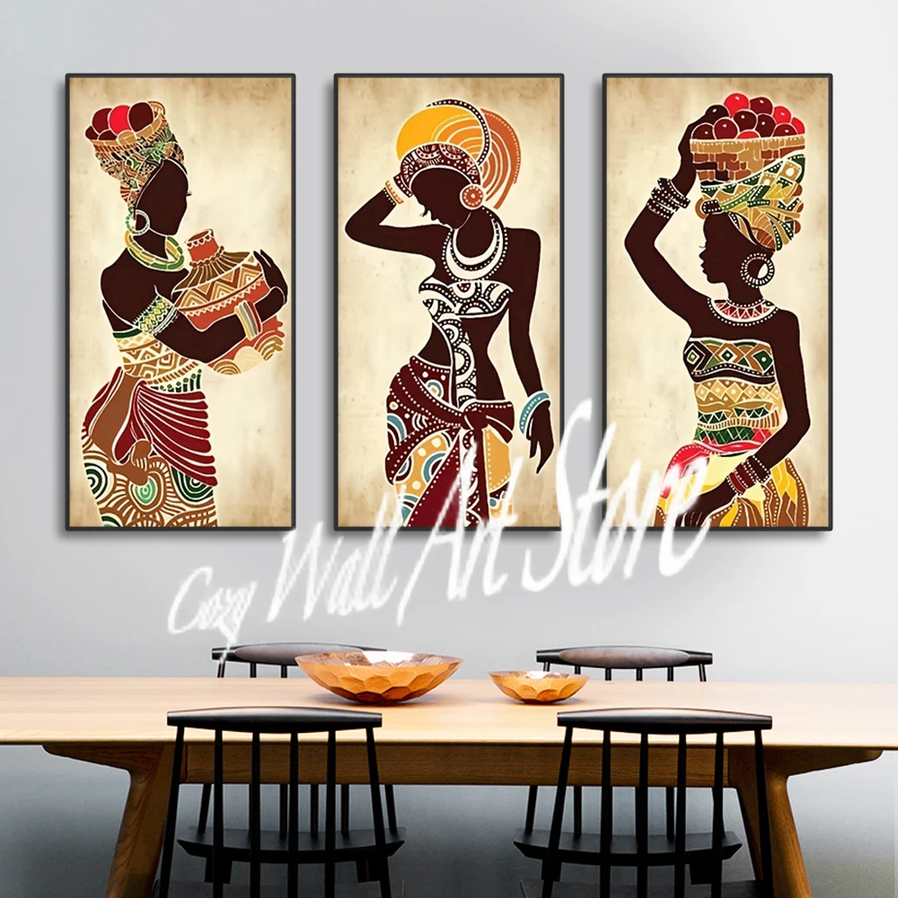 3pcs Ethnic African Black Woman Canvas Painting Vintage Wall Art Figure Prints For Living Home Room Wall Decorative Pictures