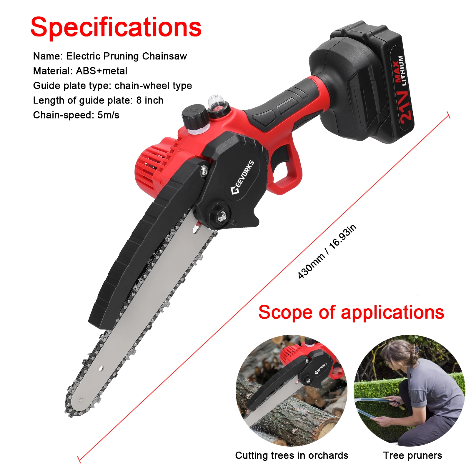 21V 8inch Electric Pruning Saws Small Wood Splitting Chainsaw Brush Motor One-handed Woodworking Tool with Lubrication System