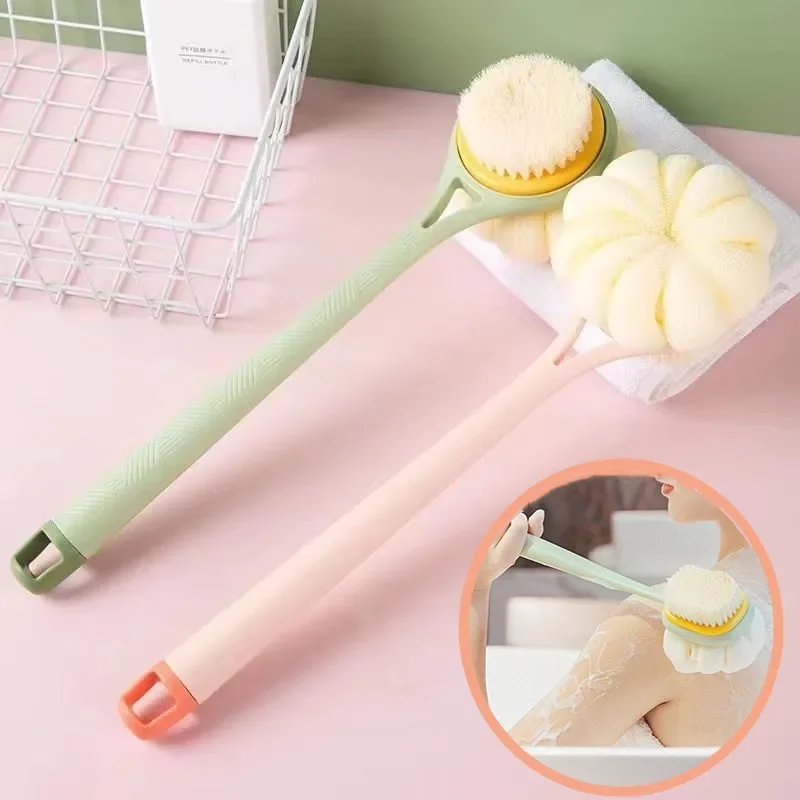 Long Handle Bath Brush Sponge Bristle Brush Dual Head Body Scrubber for Exfoliating Back Cleaning Tool