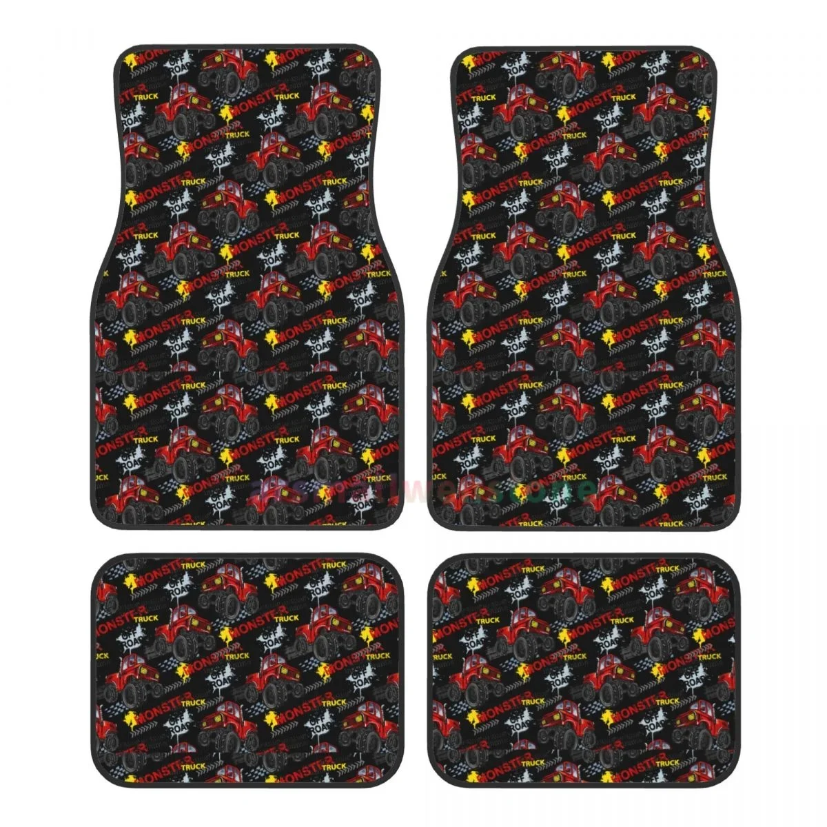 Cool Red Monster Trucks Cars 4PCS Crystal Velvet Women's Car Floor Mat, Anti Fouling Car Floor Mat Car Interior Accessories