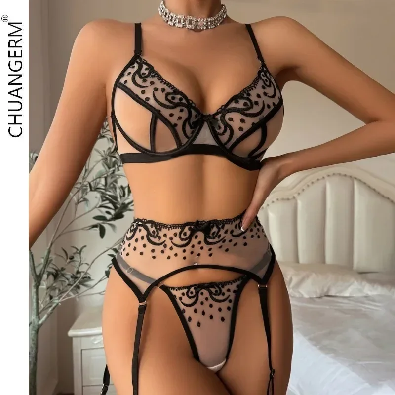 

CHUANGERM Sexy Luxury Perspective Embroidered Underwear Tight Clothing Exotic Bra Set Garter Three Piece High Waist 2024 Summer