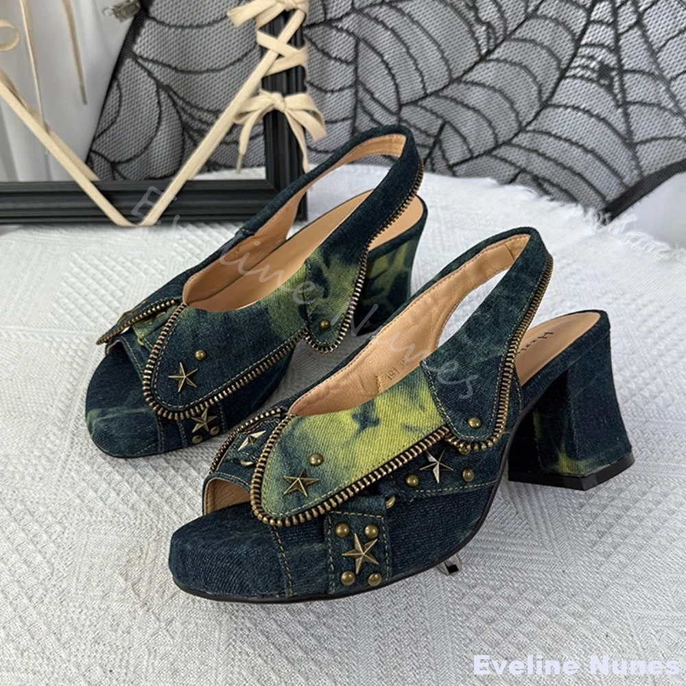 

Punk Denim Peep Toe Sandals Women Chunky Heel Rivet Shallow Back Strap Black Leather Pumps 2025 Summer New Comic Girl Sandals