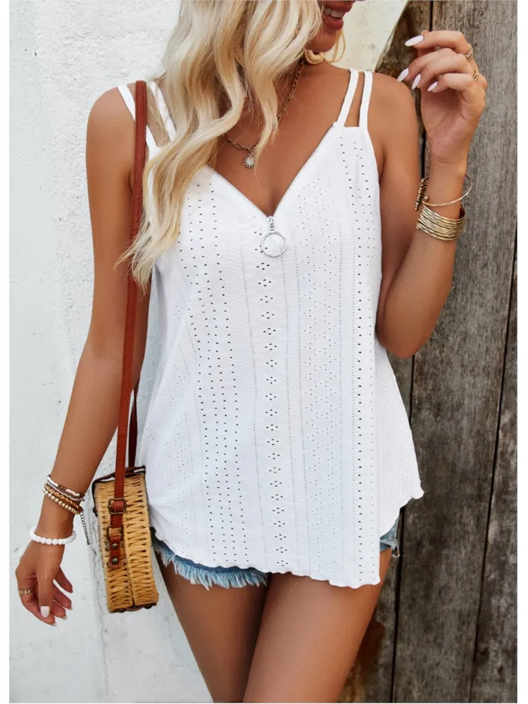 Women's Elegant Spaghetti Strap Solid Tops T-shirt V-Neck Sleeveless Cutout Jacquard Top Boho Womens Clothing Summer New T Shirt