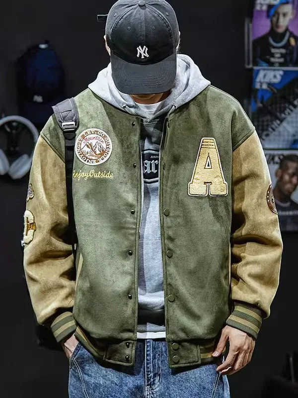 

Мужская утепленная бейсбольная куртка оверсайз с вышивкой, из замши и хлопка, в американском стиле, для молодежи, осенне-зимняя