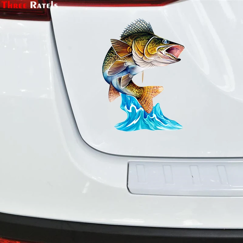 Three Ratels FC68 Cool Jumping Northern Pike Walleye 3D Fish Wall Art Stationery Sticker Decal For Car Bike Motorcycle Room