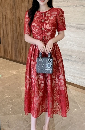 Elegant Hollow Out Hook Flower Lace Vintage O-neck Chic Short Sleeves Slim Long Dress French Evening High Street Summer Clothing