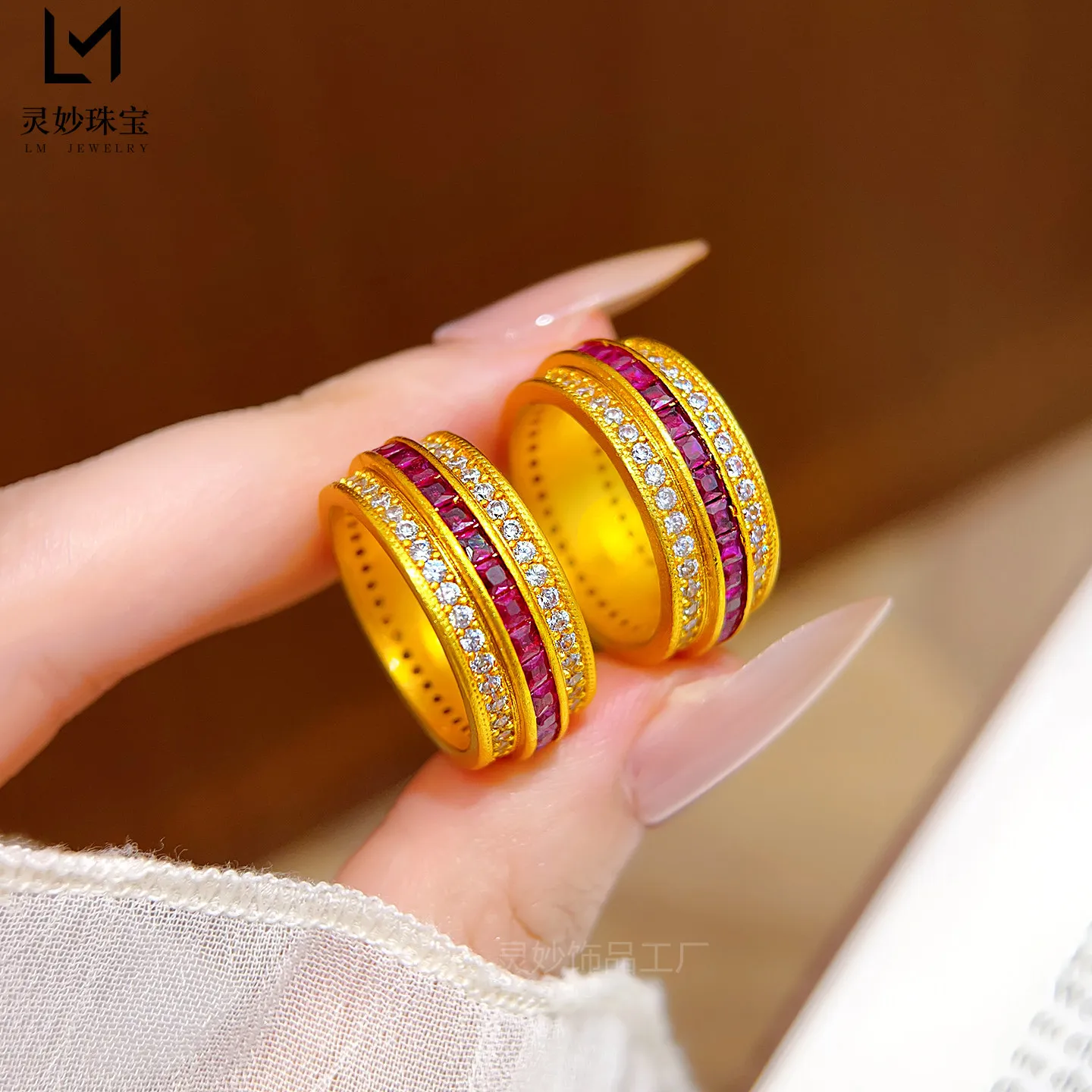 Luxury 9999 24K Solid gold certifid ancient red diamond Passepartout ring Haolairun men's and women's jewelry