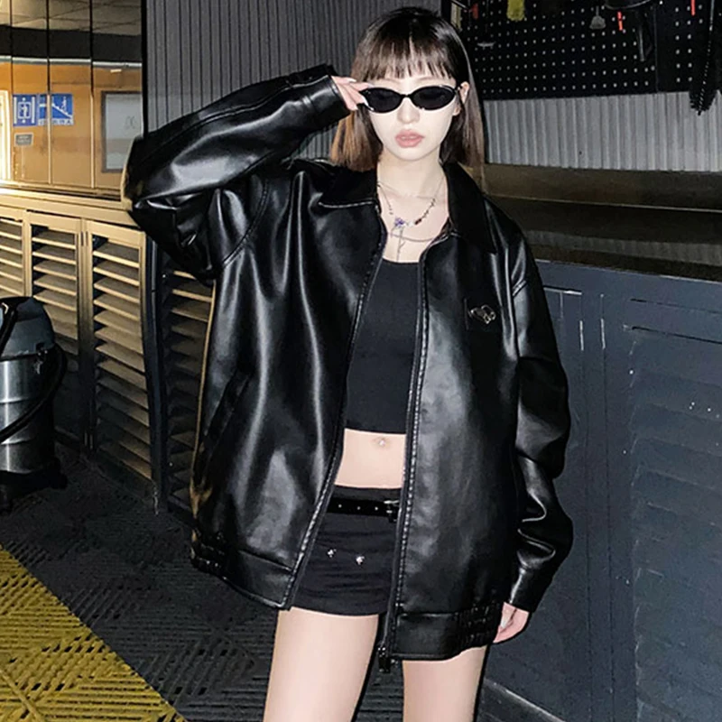 Leather Motorcycle Jacket Women Vintage PU Leather Jacket High Street Oversized Moto Biker Coats BF Punk Loose Casual Outerwear