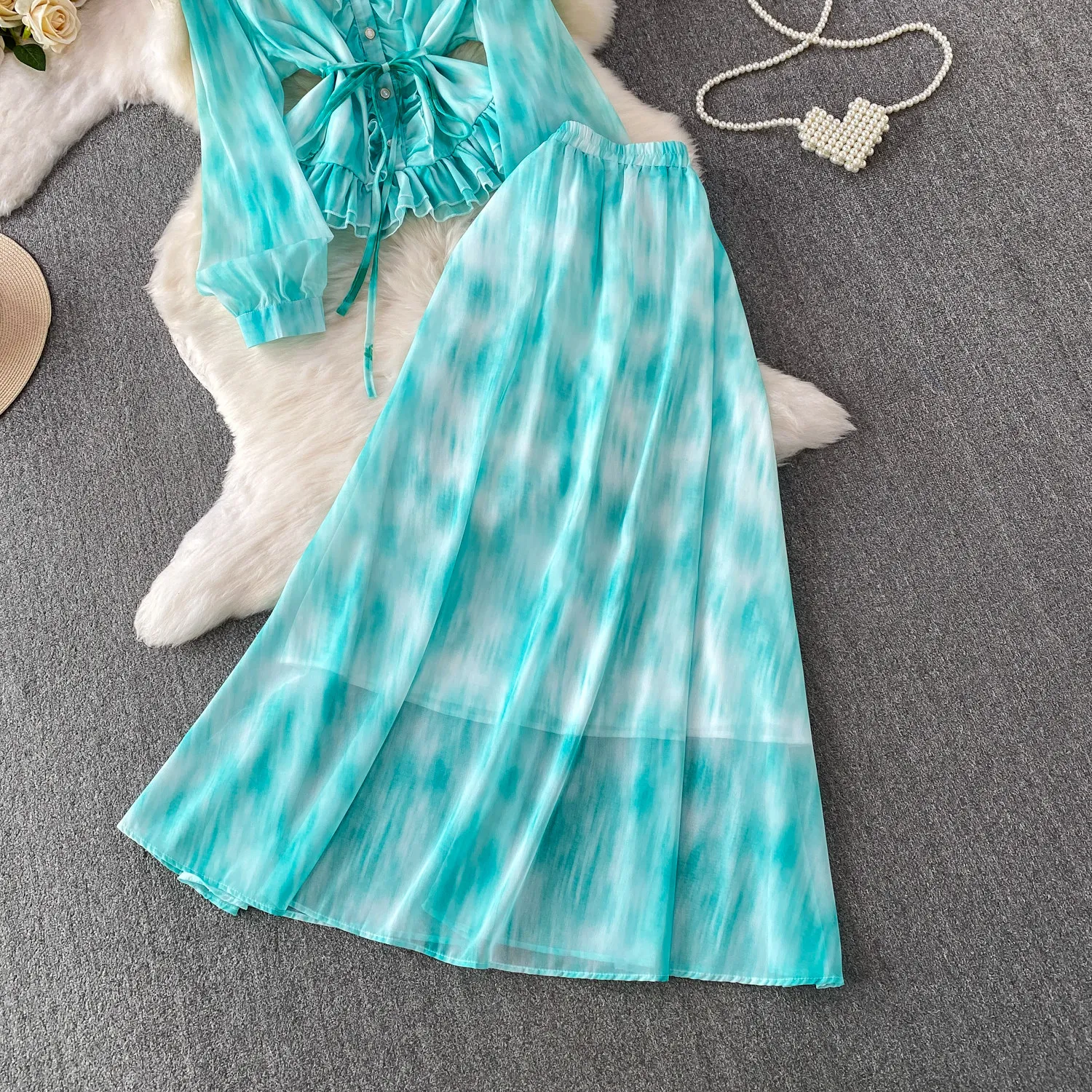 Spring Autumn Bohemian Women Tie Dye Print Two Piece Set Elegant O-Neck Single Breasted Blouse+ High Waist Skirt Suit Beach New view 6