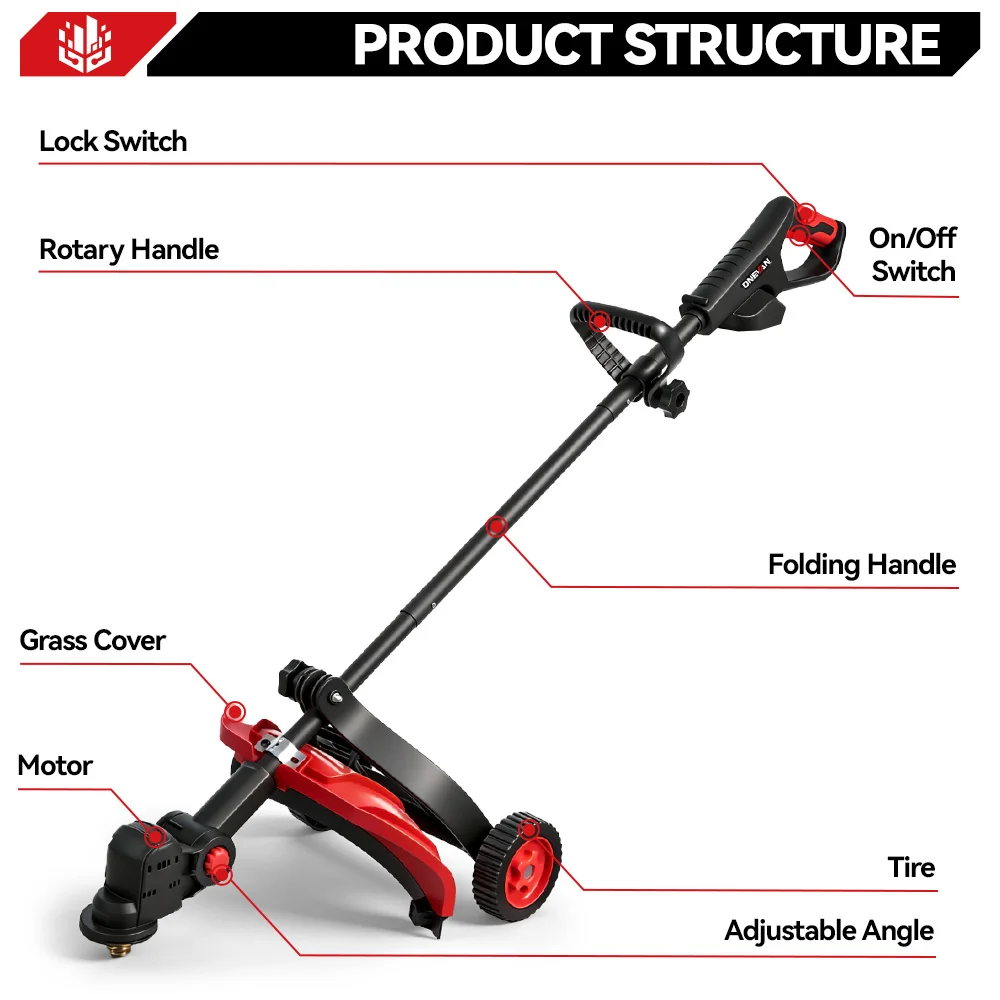 ONEVAN 10 In Brushless Electric Lawn Mower 4000W 45° Adjustable Angle Cordless Grass Trimmer Garden Tools For Makita Battery Pin
