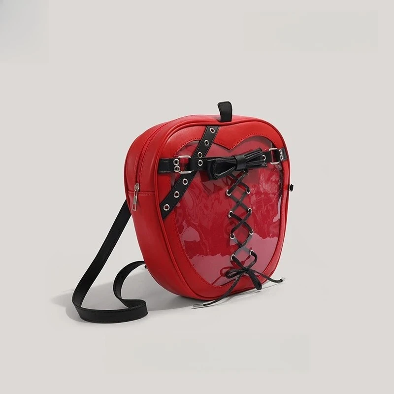 Red Apple-Shaped Mini Backpack Corset-Style Lace-Up Transparent Glossy PVC Unique Trendy Niche Fashion Statement Bag
