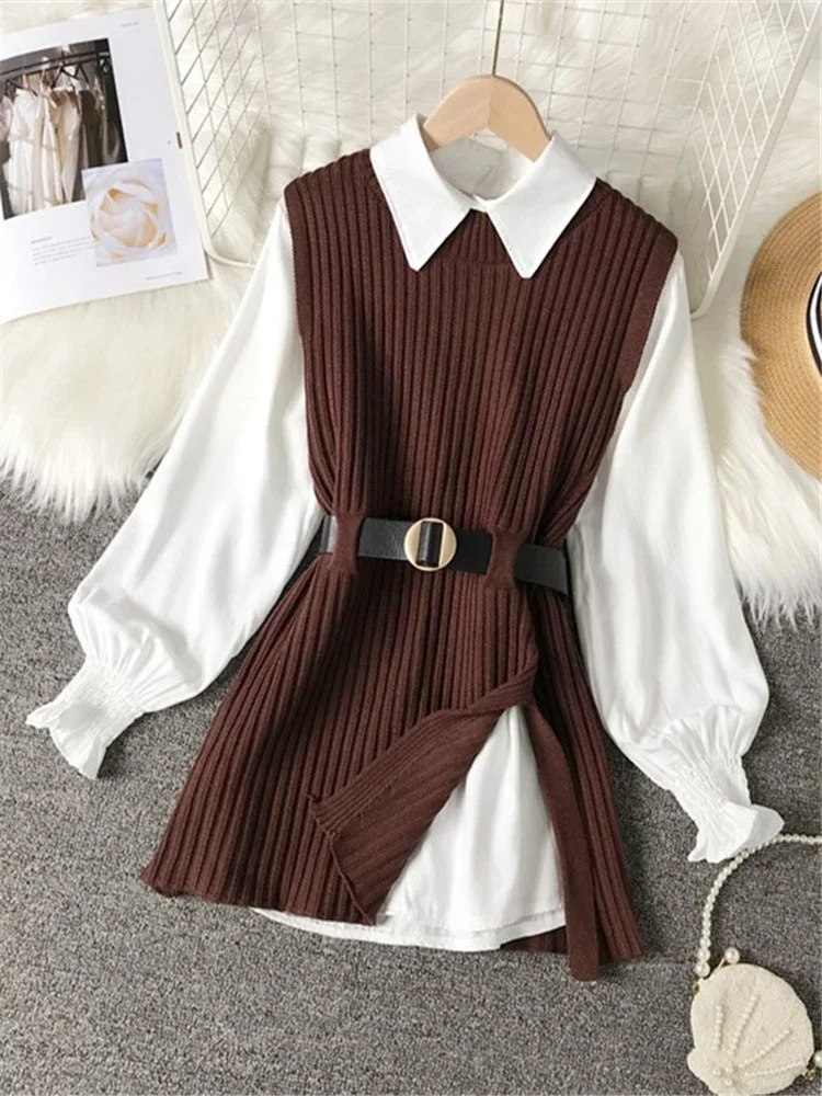 Spring Autumn Women\'s Lantern Sleeve Shirt Knitted Vest Two Piece Sets of College Style Waistband Vest Two Sets Top UK900