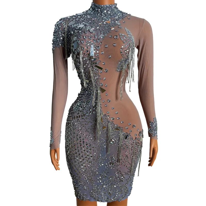 Women'S Mesh Rhinestones Dress Sexy Party Tassels Dress Stage Festival Outfit Bar Nightclub Dj DS Gogo Dance Costume XS6497