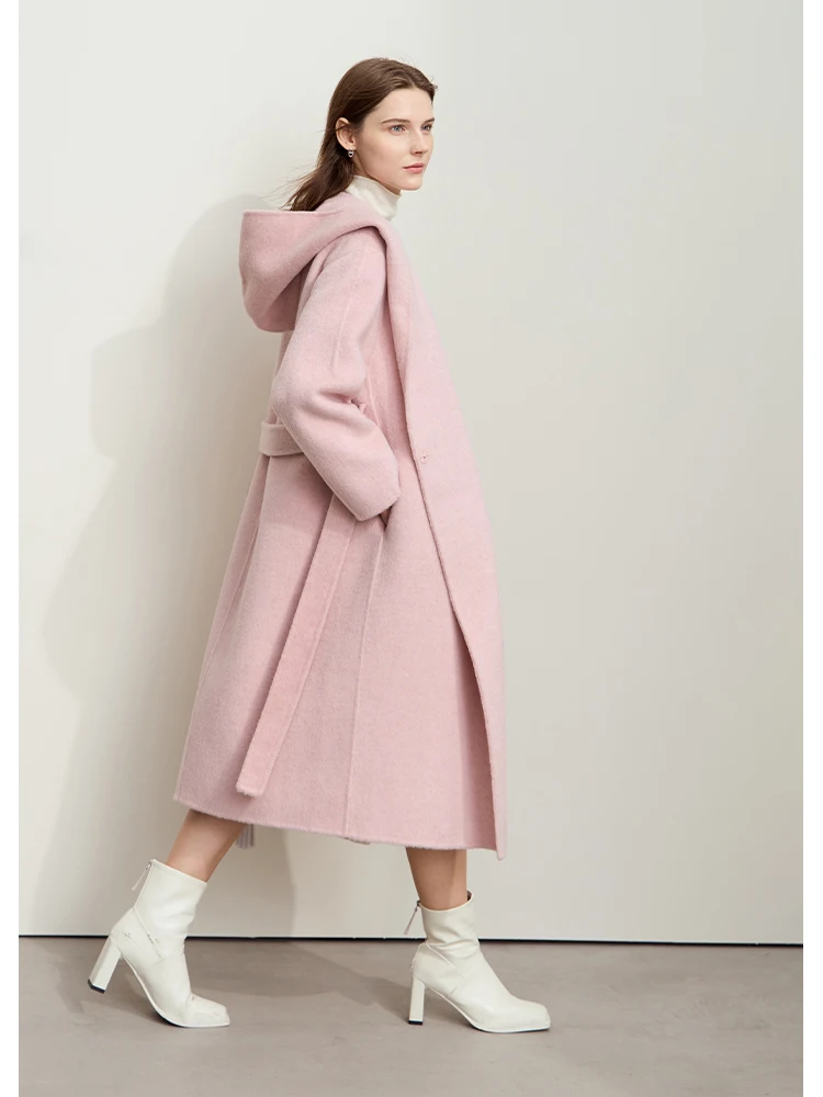 AMII Minimalist Women's Camel Wool Coat Female 2026 Warm Winter Coat Female Hooded Loose Elegant Long Jacket With Belt 12444125