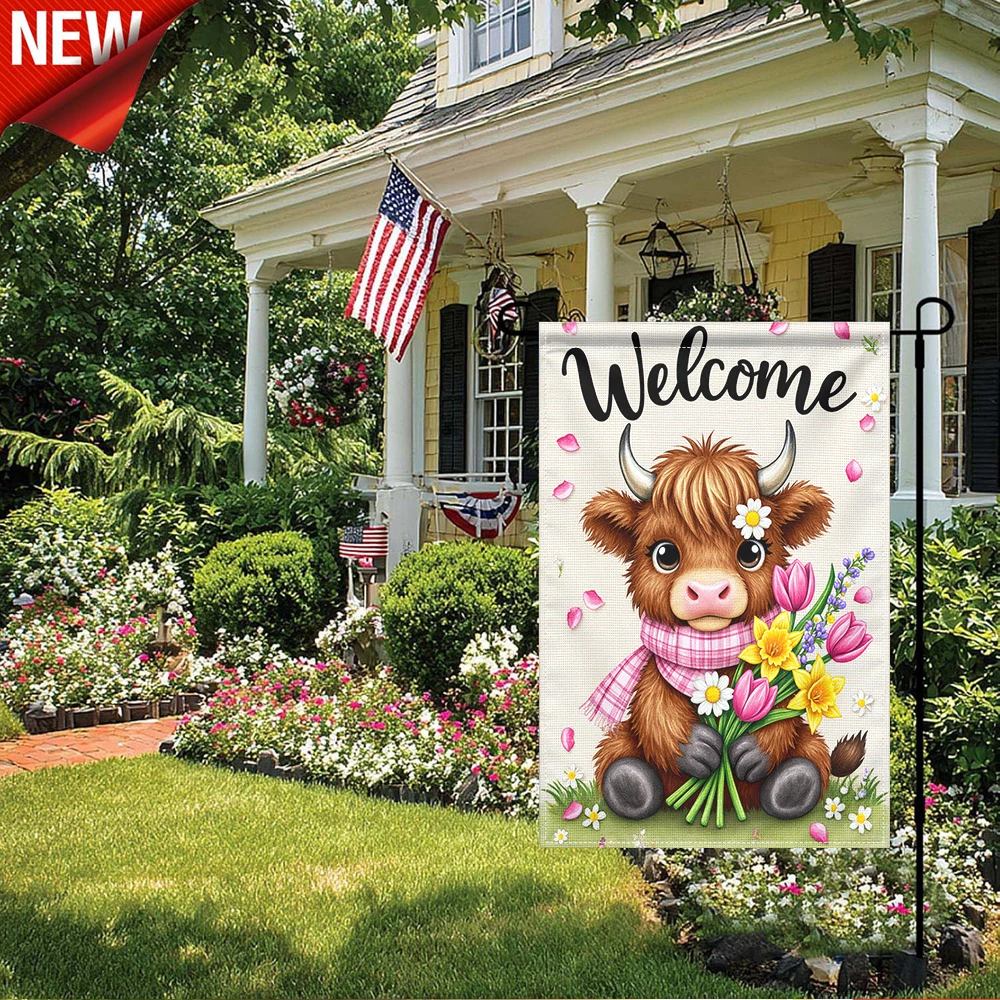 

1PC, Welcome Highland Cow Garden Flag, Spring Floral Welcome Yard Flag, Double Sided Cute Highland Cow with Tulip Daffodil Daisy Outdoor Decorative Flag, Seasonal Farmhouse Patio Lawn Porch Welcome Flag, Spring Flower Petal Garden