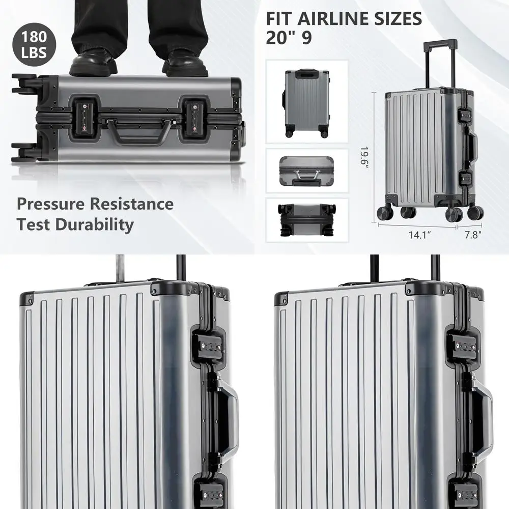 

Aluminum Business Travel Carry-On Suitcase: 20 Lightweight Hardshell with Spinner Wheels, TSA Lock, Zipperless Design in Gun Gra