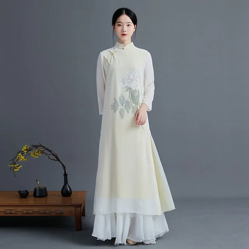 Improved Hanfu Dress Chinese Zen Tea Cheongsam Women Retro Chinese Style Dress Elegant Fairy Chiffon Ancient Dress Qipao 12908