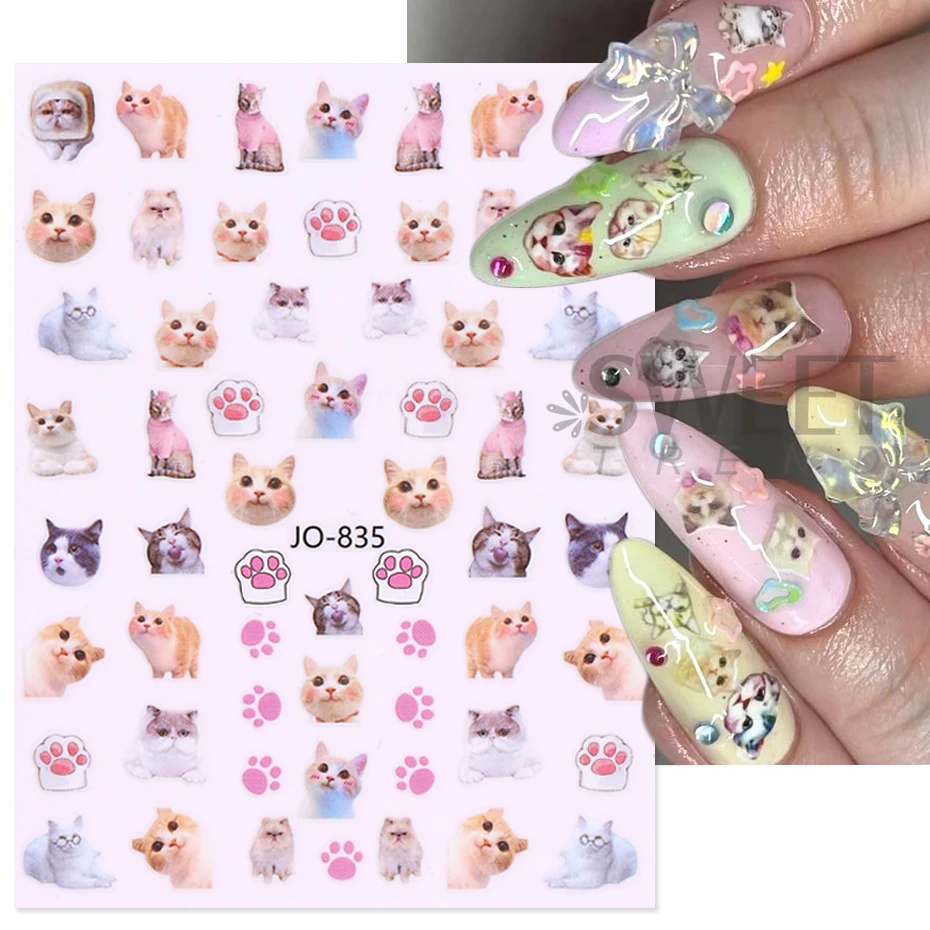 Cute Cat Dog Nail Art Stickers 3D Cartoon Animal Paw Design DIY Kawaii Self-Adhesive Gel Polish Sliders Manicure Decoration