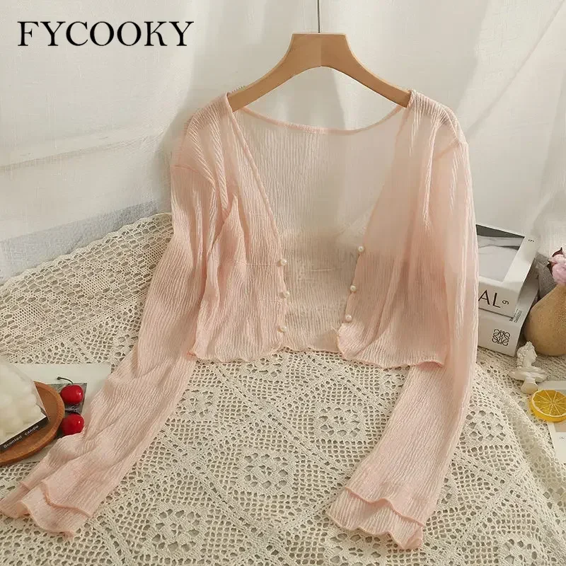 2025 Fairy Style Solid Cardigan Women Summer New Long Sleeve Sunscreen Sweet Beading V-neck Basics Loose Chiffon Cardigan - Image 6