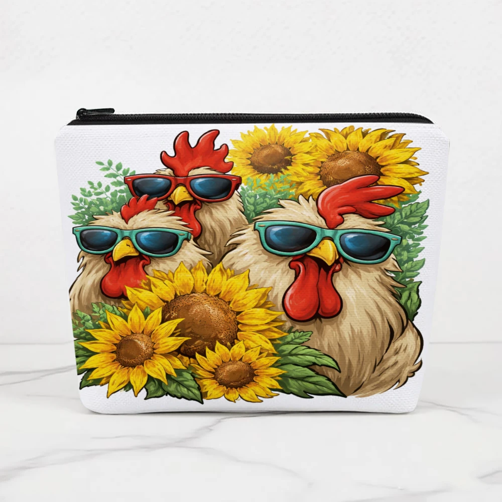 Chickens Wearing Sunglasses Sunflowers Greenery Makeup Bags for Girls Cosmetic Pouch Toiletry Bag Pencil Case Travel Storage