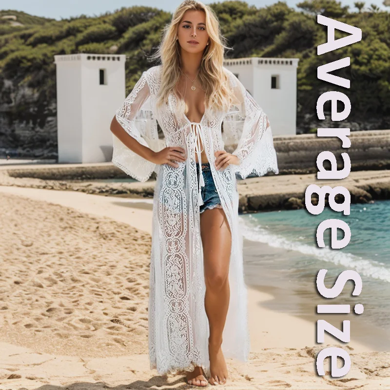 New Lace Tie String Sexy See-through Sun Protection Long Cardigan Bikini Beach Smock