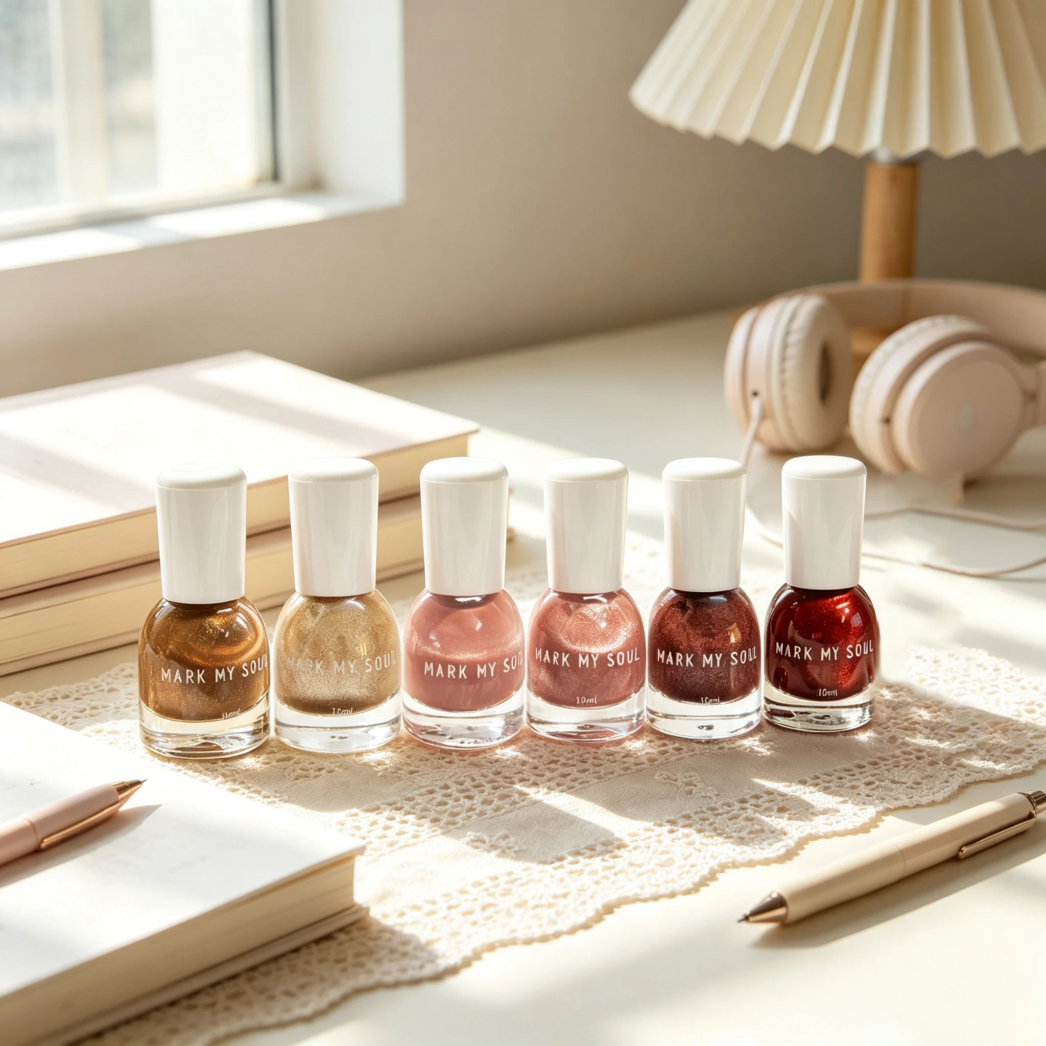 6Pcs Maillard Glow Soft Tone Cat Eye Nail Polish Set, MARK MY SOUL No Cure Magnetic Nail Polish S164/S132/S133/S55/S56/S165, Qu