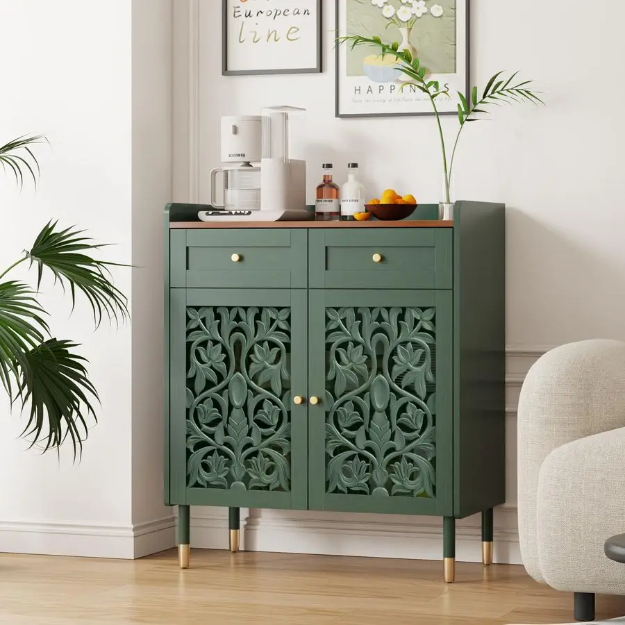 

Буфет-сервант с ретро-резьбой, кухонный шкаф для хранения с 1 ящиком и 2 дверцами, кофейный бар для гостиной