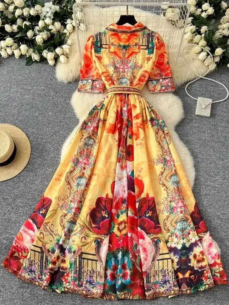 2024 Wiosna Lato Luksusowa Kwiatowa Sukienka Boho Bohemian Kobiety Karbowany Garnitur Jednorzędowy Krótki Rękaw Maxi Długa Impreza Vestidos