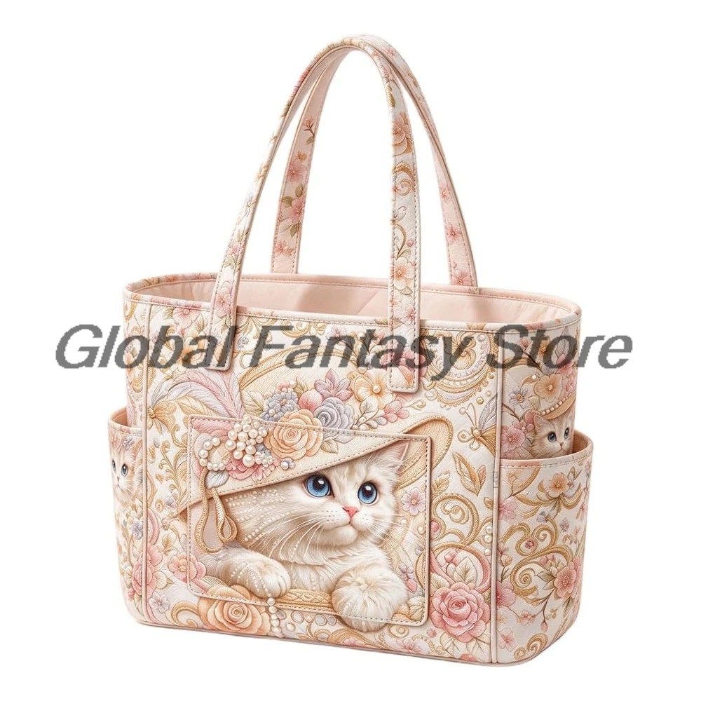 Charming Cat Quilted Tote Bag Cute Kitten Floral Print Multiple Pockets Shoulder Handbag Women Daily Shopping Bags