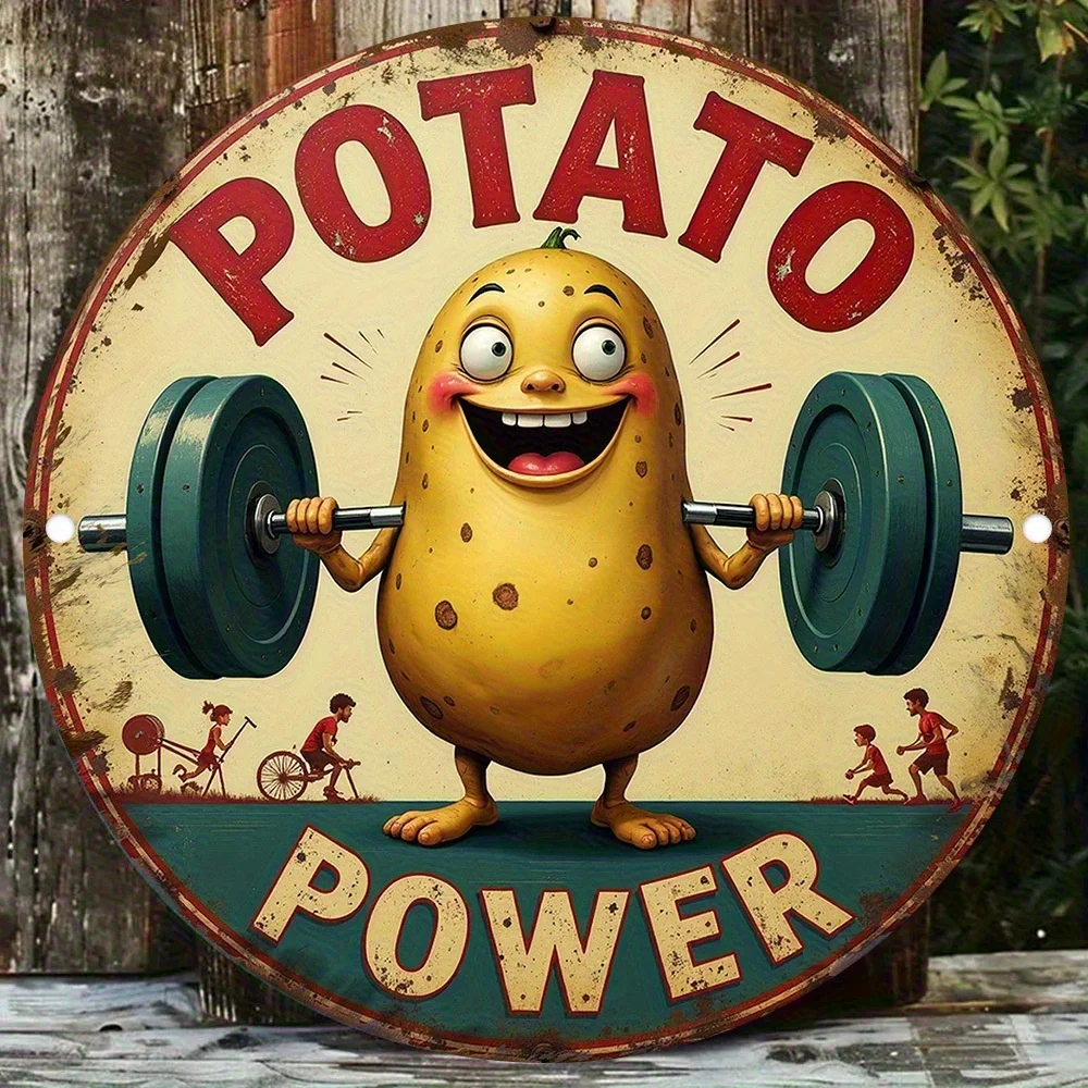 Vintage Potato Power Round Sign – Cartoon Potato with Weights Rustic Metal Wall Art for Home Office Bar Cafe Indoor Outdoor Deco