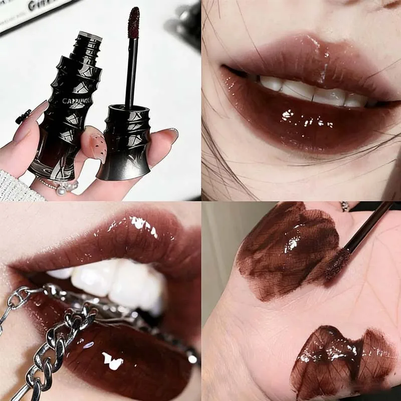 Brillo Labial Rojo Oscuro Estilo Punk, con Acabado Espejo, Textura Sedosa e Hidratante, No Pegajoso, Tinte Labial Brillante con Efecto Acuoso en Tonos Chocolate, Rojo Cereza