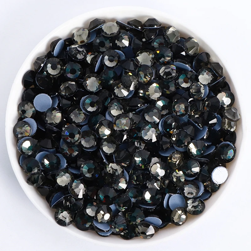 Black Glass Flatback Rhinestones Mix Size Glitter Round Glue On Diamond Non Hotfix Rhinestone for Nail Art Clothes Decoration